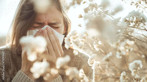 woman suffers from pollen and grass allergy photo