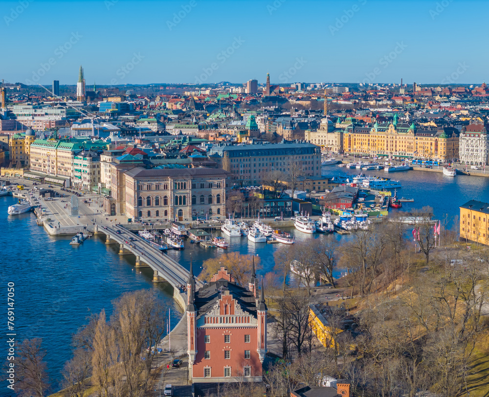 Stockholm old town - Gamla stan, Skeppsholmen, Ostermalm. Aerial view of Sweden capital. Drone top panorama photo
