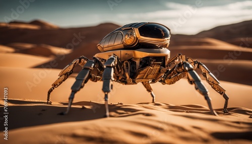 A robotic spider with a sophisticated design treks across a vast desert landscape, embodying high-tech exploration © video rost
