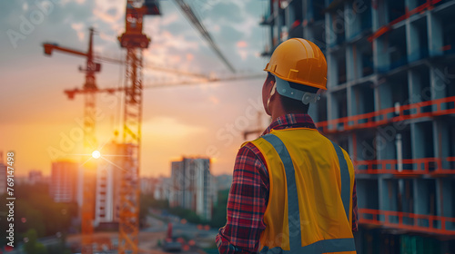 A construction worker in a yellow helmet and reflective vest surveys a large building site with cranes during sunset.