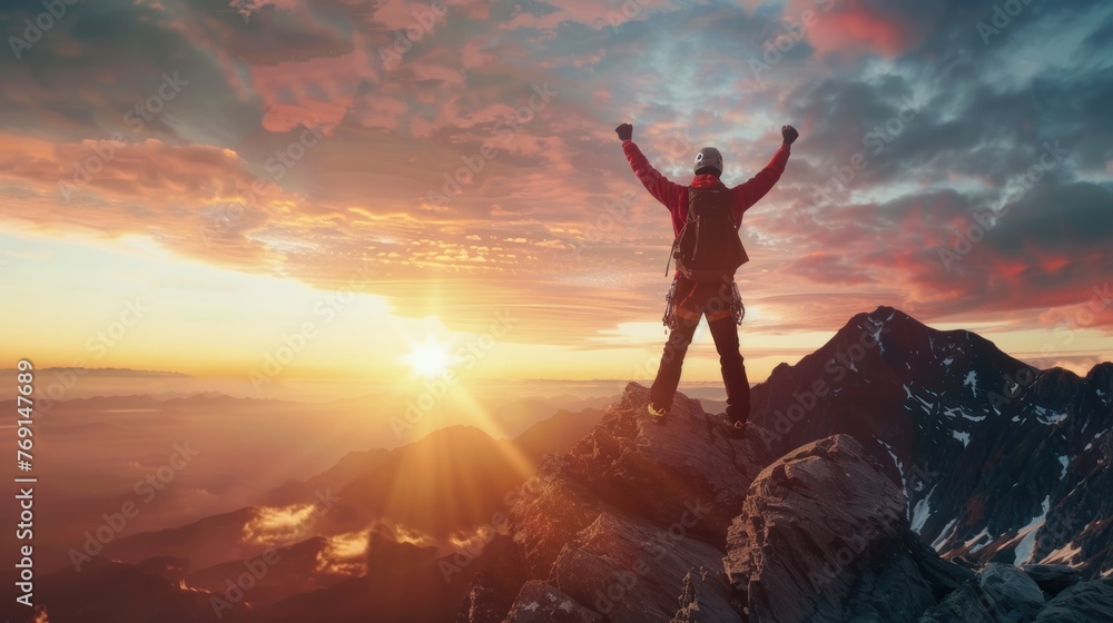 silhouette of man standing and stretching arms on mountain peak ,freedom concept