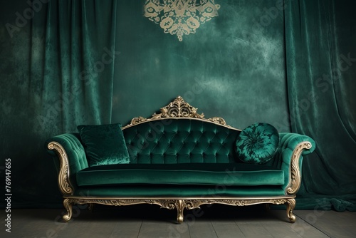 Luxury sofa in classic interior with green curtains.
