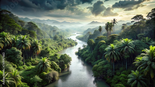Amazon river exotic landscape with sky and forest reflection. Generative ai