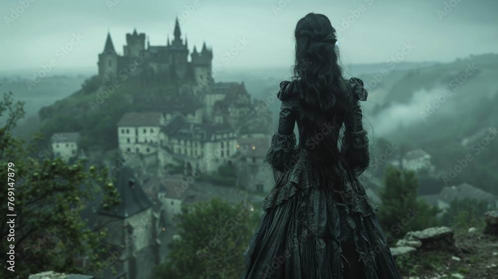 Gothic Woman in Medieval Dress Castle Background Gothic Woman in Medieval Dress Castle Background