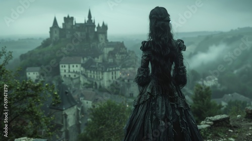 Gothic Woman in Medieval Dress Castle Background