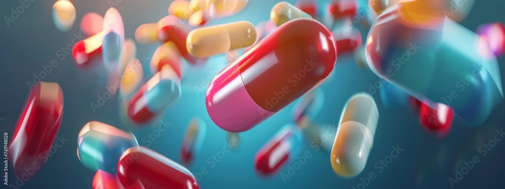 A 3D render of various colorful capsules and pills suspended in mid-air against a vibrant blue background with soft cloud shapes, representing healthcare, medicine, and pharmaceutical concepts. - obrazy, fototapety, plakaty 