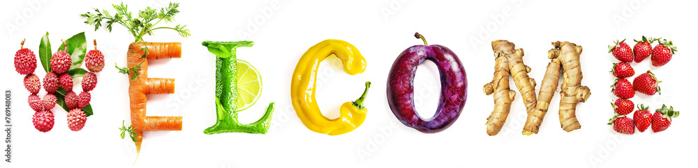 Welcome Text Made of Fruits and Vegetables (Lychee, Carrot, Lime, Yelloe Pepper, Plum, Ginger, Strawberry) Isolated on White Background Welcome Text Made of Fruits and Vegetables (Lychee, Carrot, Lime, Yelloe Pepper, Plum, Ginger, Strawberry) Isolated on White Background