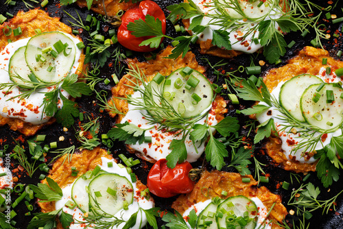 Sweet potato fritters with addition  yogurt sauce, fresh cucumber slices and herbs on a black background, top view