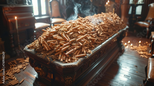 coffin decorated with cigarettes,generative ai