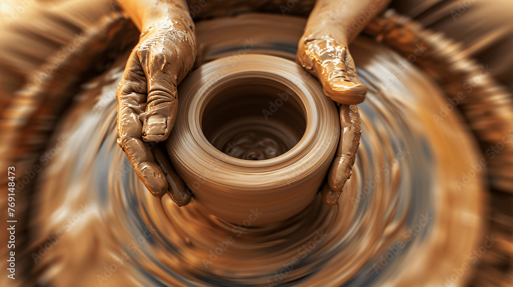 Photo of a pottery wheel in action, hands shaping clay, creative process, the making of a ceramic vase, earthy ambiance, flying clay particles, Generative AI. Photo of a pottery wheel in action, hands shaping clay, creative process, the making of a ceramic vase, earthy ambiance, flying clay particles, Generative AI.