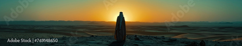 Saudi Arabian ksa Man in Traditional clothing: Desert Night Scene ultra wide shot
