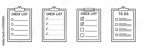 Check list, memory note paper doodle set. Reminder, to do list, notebook with plan, task and checkboxes in sketch style. Hand drawn vector illustration isolated on white background