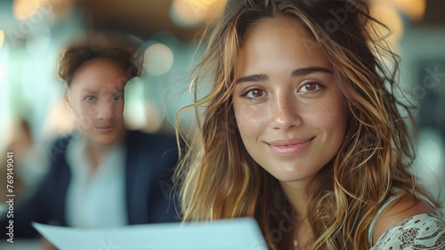 woman signing documents in modern office in front of a man in a suit,generative ai