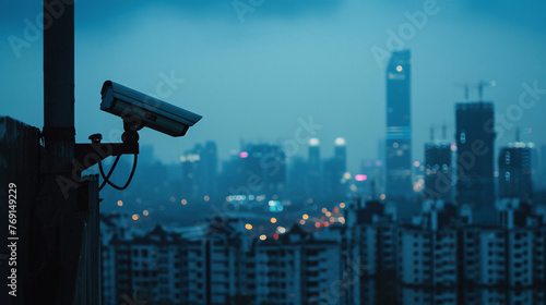 Urban Surveillance Camera Overlooking the Cityscape, Generative AI.