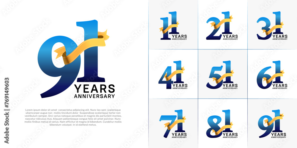 Set of Anniversary Logotype blue color with gold ribbon can be use for special day celebration