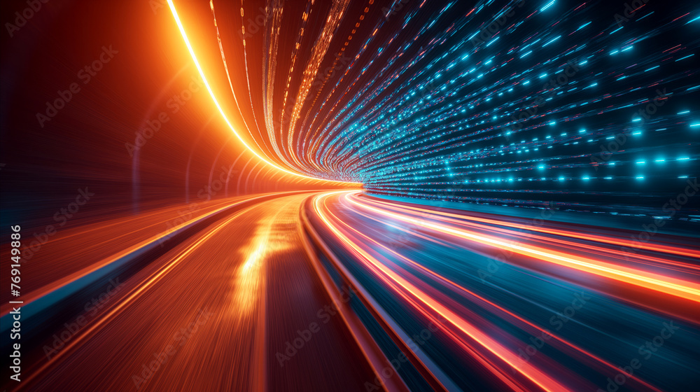 A dynamic urban scene at night, where vibrant light trails streak across frame, creating illusion of speed and motion. A tunnel of colorful radiance, blending natural and artificial aesthetics