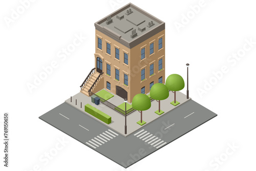 Isometric New York Old Manhattan Houses. Brooklyn Apartment. Old Abstract Building and Facade. Facades of Retro Houses, New York Streets or Old Brooklyn. © Golden Sikorka