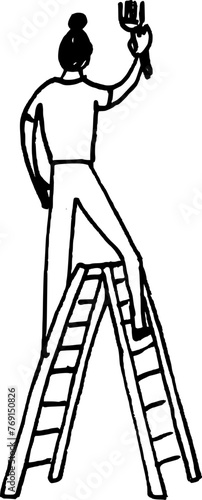 DIY reparation doodle. Hand drawn vector illustration. Woman painting wall on a stepladder