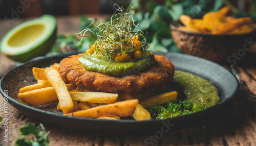 veggie, schnitzel, close up, vegan, marihuana, pommes, frites, pesto, veganies, bratling, püree, dip, sosse, essen, gastronomie, restaurant, cbd, hanf, lifestyle, gourmet, deli, panade, paniert, blatt photo