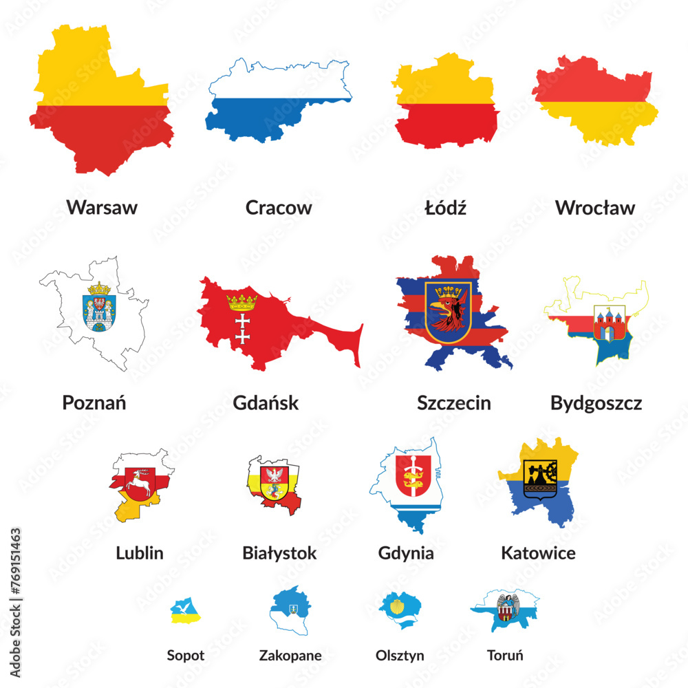 Poland towns in order, from biggest to smallest town. Most populated towns in poland. With flags of specific town, city, outline, - obrazy, fototapety, plakaty 