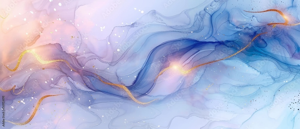 Soft Pastel Blue Watercolor Background with Golden Lines Generative AI