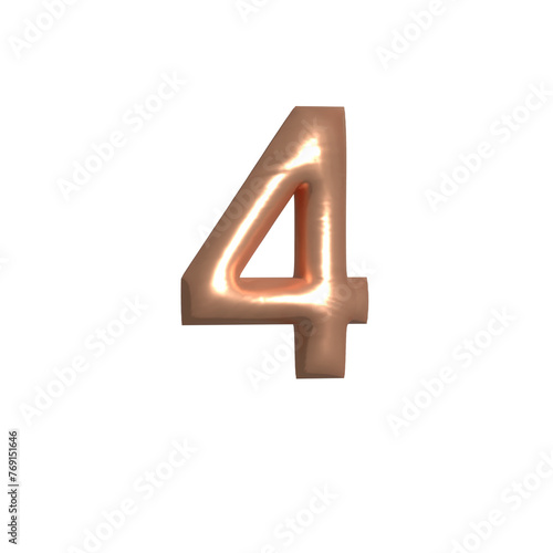 luxurious golden Peach Fuzz Balloon Font Number four symbol in 3d rendering, isolated on transparent background