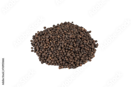 Bunch of peas of black aromatic pepper on white background. © svdolgov