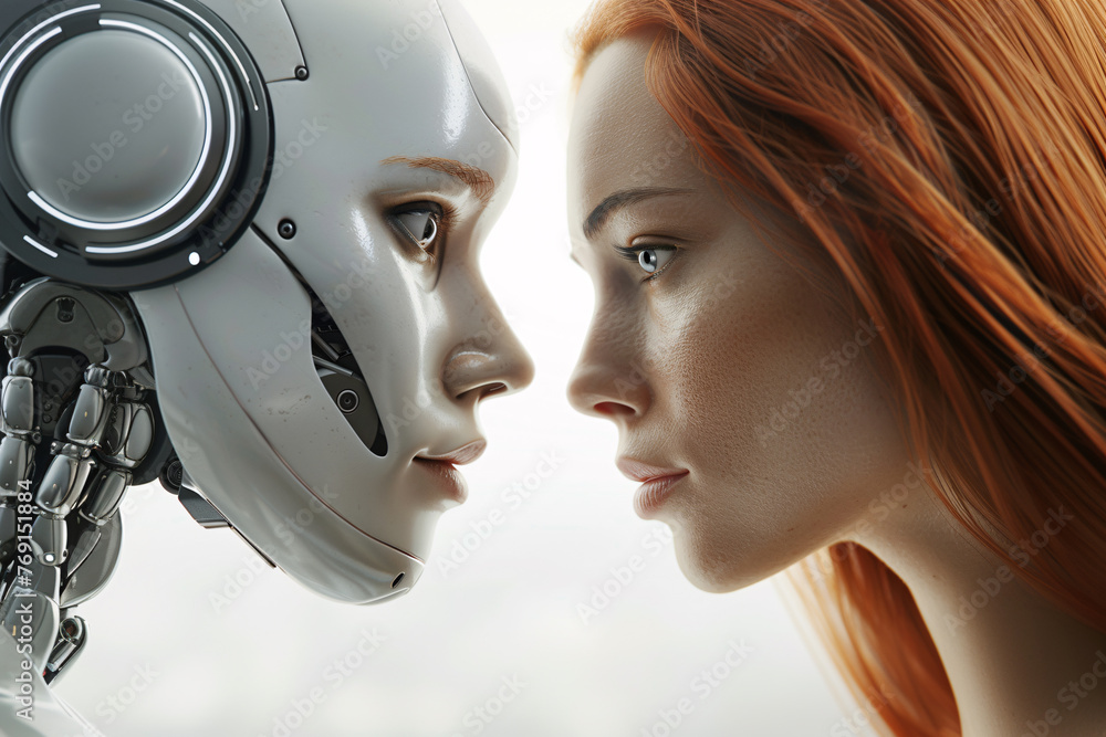 A robot and a woman are facing each other. The robot has a metallic face and the woman has red hair. A robot and a woman are facing each other. The robot has a metallic face and the woman has red hair.