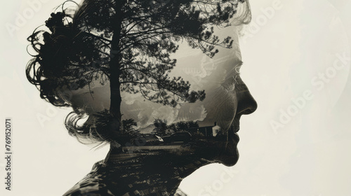 Silhouette of elderly woman with overlay of childhood memories, Alzheimer's concept, diversity in aging, dementia