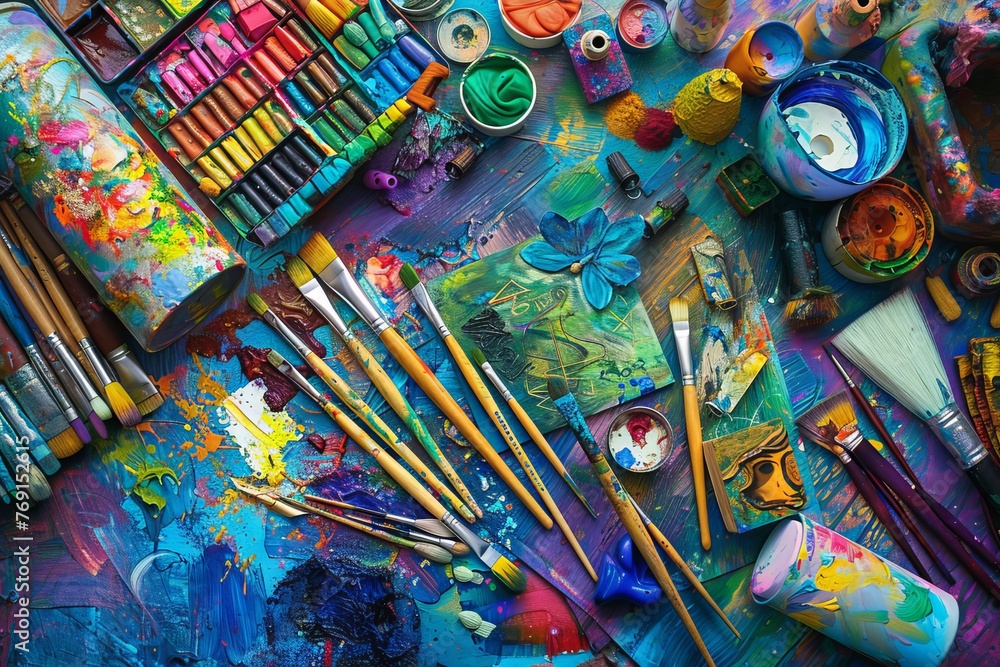 an imaginative and colorful scene showcasing various forms of artistic expression, such as painting, drawing and sculpture.