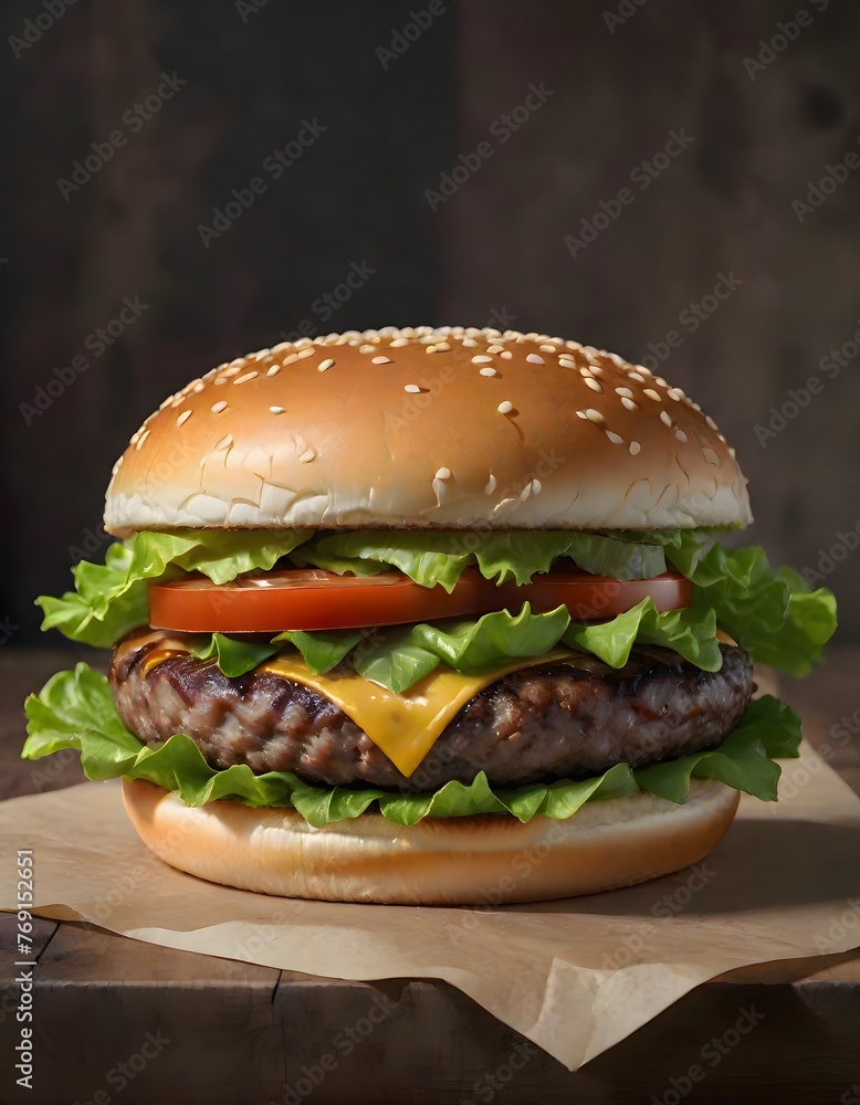 Burger with Cheese Melting Over the Patty, Crisp Lettuce, Juicy Tomatoes, Onions, and Sauce, Generative AI Burger with Cheese Melting Over the Patty, Crisp Lettuce, Juicy Tomatoes, Onions, and Sauce, Generative AI