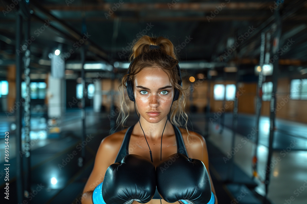 Woman Wearing Boxing Gloves and Headphones