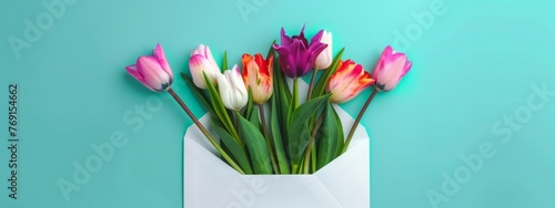 Multicolored tulips peeking from white envelope on light blue background, greeting card template. Envelope with vibrant tulips, spring freshness. Tulip variety in envelope, colorful surprise photo