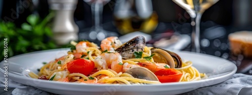 Italian Traditional seafood spaghetti. Seafood pasta made from spaghetti with mixed seafood,olive oil,garlics,white wine,cherry tomatoes,parsley and peppers on white plate with a glass of wine photo