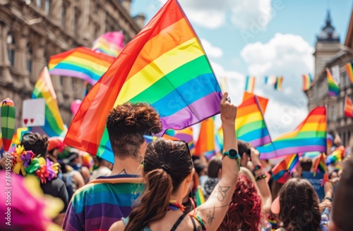 A group of people waving rainbow flags at the city's pride parade, celebrating and spreading love in an open square with historical buildings Generative AI