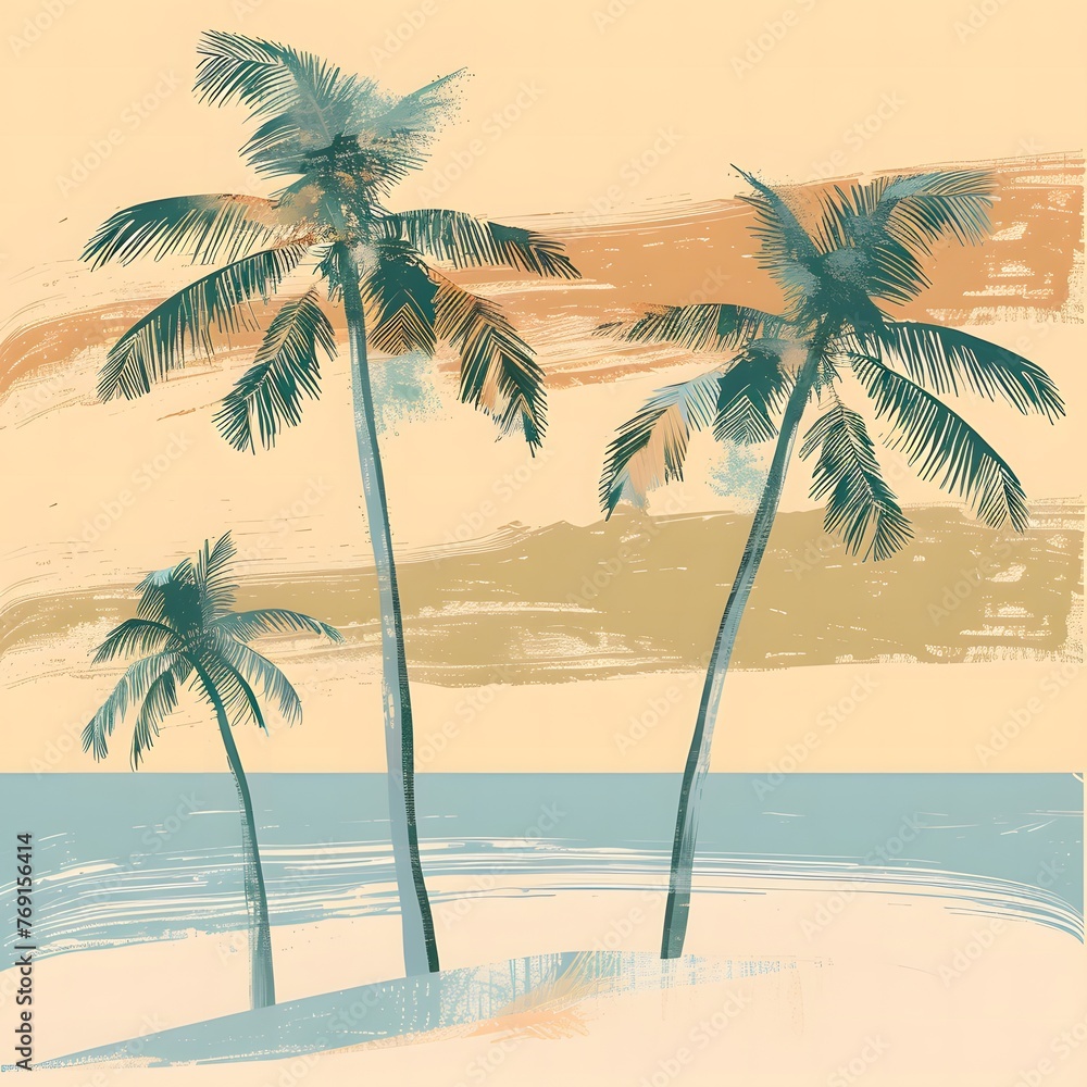 Obraz premium watercolor illustration of Beach Paradise with Palm Trees and Blue Seas