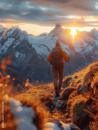 El último beso del sol adorna las cumbres mientras un excursionista solitario avanza hacia el horizonte, el baile de luz y sombra anuncia el fin de un día alpino.