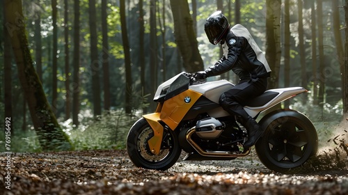 Rider dressed in black and white motorcycle suit and black helmet on a powerful yellow and white motorcycle ready in a lush forest corridor with big trees in the background during golden hour