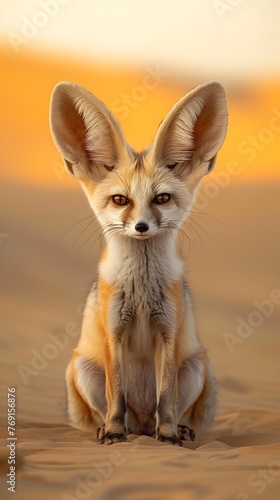 A Fennec Fox in the golden light of dusk in the Sahara