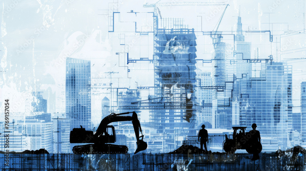 Silhouette of diggers and construction workers  with an overlay of a building site with cranes and scaffolding. Concept - construction industry, Space for text 