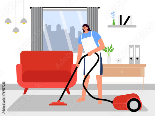 Female cleaning worker with vacuum cleaner. Worker vector illustration.