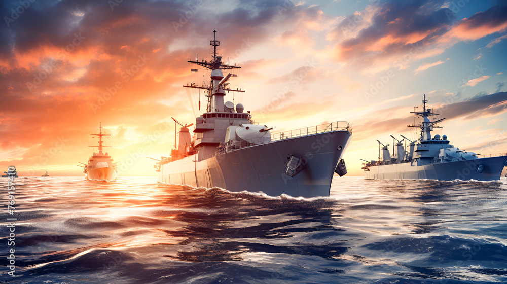 Military Fleet. Battleship in the ocean at sunset with dramatic clouds. Concept defense and defense of NATO naval forces Military Fleet. Battleship in the ocean at sunset with dramatic clouds. Concept defense and defense of NATO naval forces