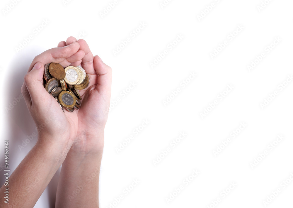 Hand Holding Coins: Financial Management and Savings Concept Hand Holding Coins: Financial Management and Savings Concept
