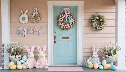 A charming Easter tableau adorns the home, with plush bunnies nestled among pastel-colored eggs, creating a whimsical and inviting atmosphere. photo