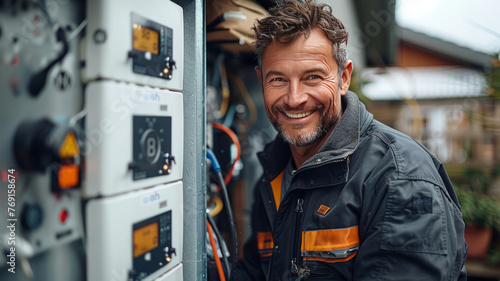 man electrician smiling and installing a home charging ,generative ai