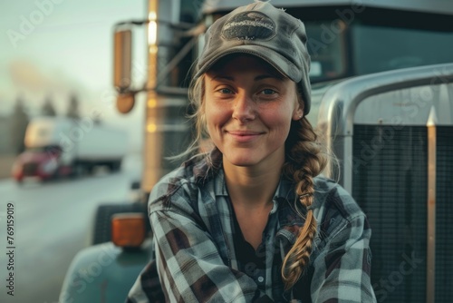 Portrait of a young female trucker in front of her truck