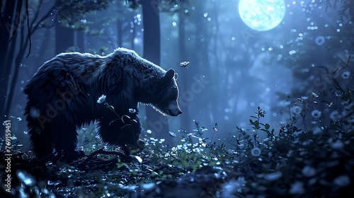 an enchanting 70mm film still featuring a bear moving gracefully through a wooded glade, bathed in the magical glow of moonlight photo