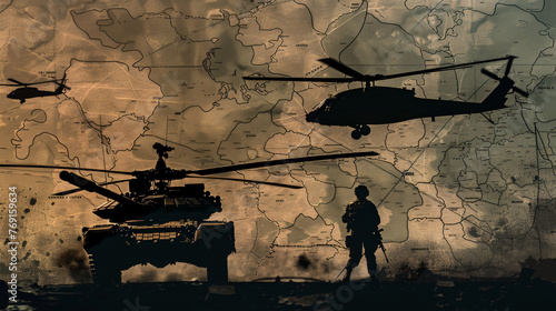 Silhouette of tanks soldier and troops carrying helicopters double exposure with map of the world. Concept warfare, military training, modern, weapons photo