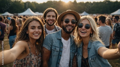 A group of friends taking a selfie at a music festival.