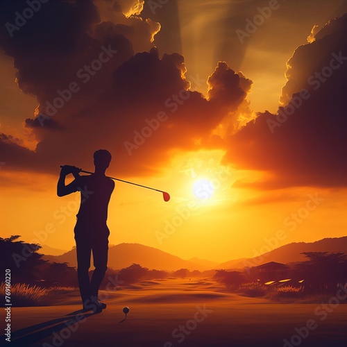 Silhouette Golfer Enjoying Golf at Beautiful Sunset